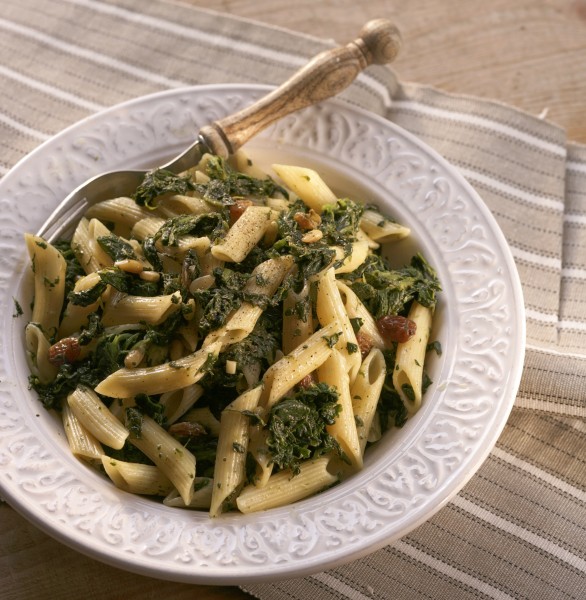 Penne with Pine Nuts, Spinach, Anchovies & Raisins