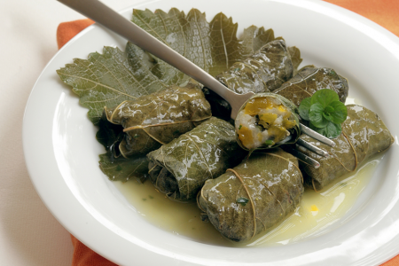 grape leaves stuffed with pumpkim, rice, and herbs