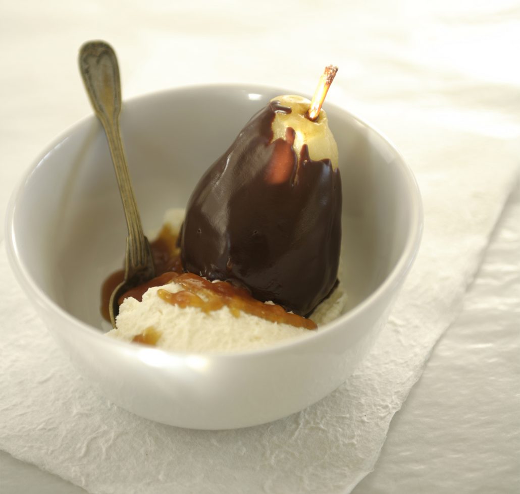 Poached Pear with Chocolate and Mastiha