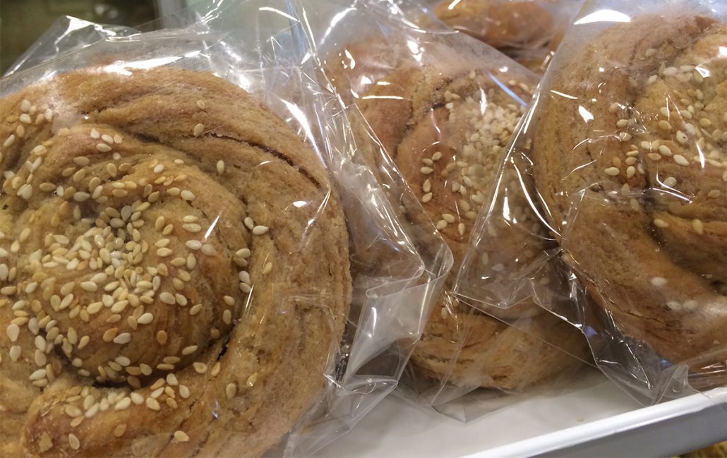 Lente tahini bread swirls at an Athens pastry shop.