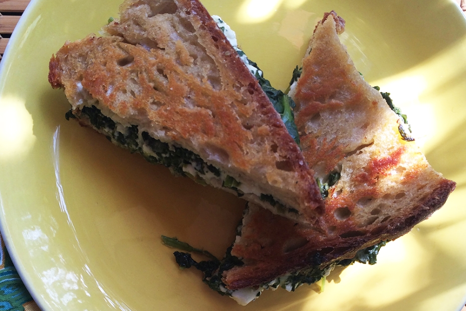 Grilled cheese with Greek spinach pie filling.