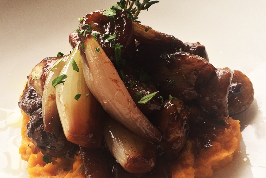 Braised chestnuts with shallots over sweet potato puree