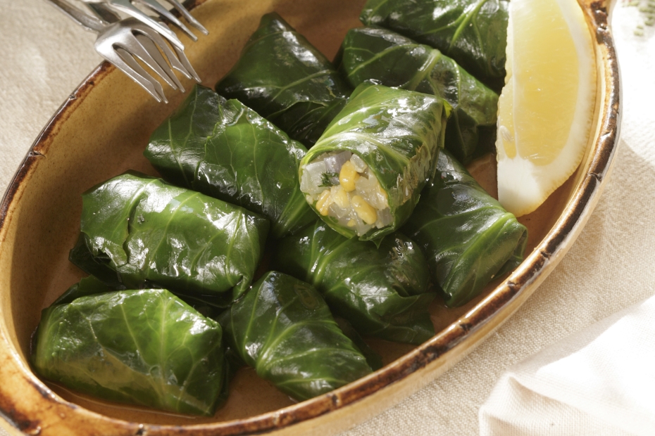 Ikaria Corn-Stuffed Collard Dolmades