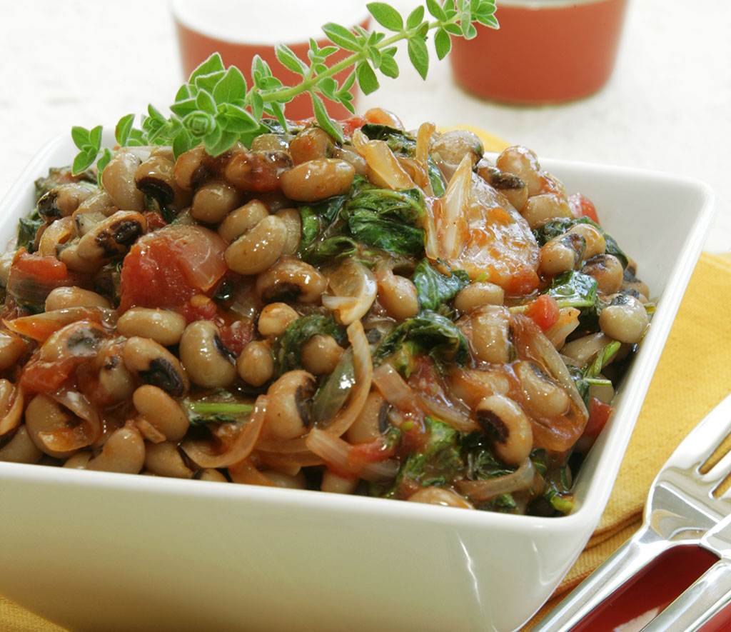 Greens andblack eyed peas can be prepared in countless ways.