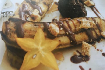 Grilled Banana Split with Pasteli and Hazelnut Spread