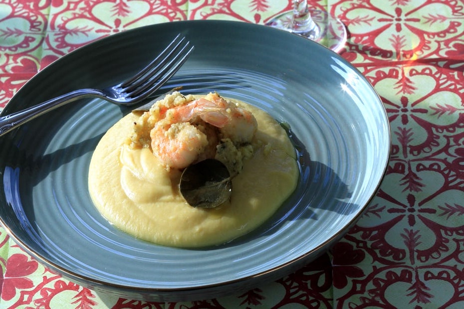 Shrimp with Caper Leaf Pesto over Fava Puree