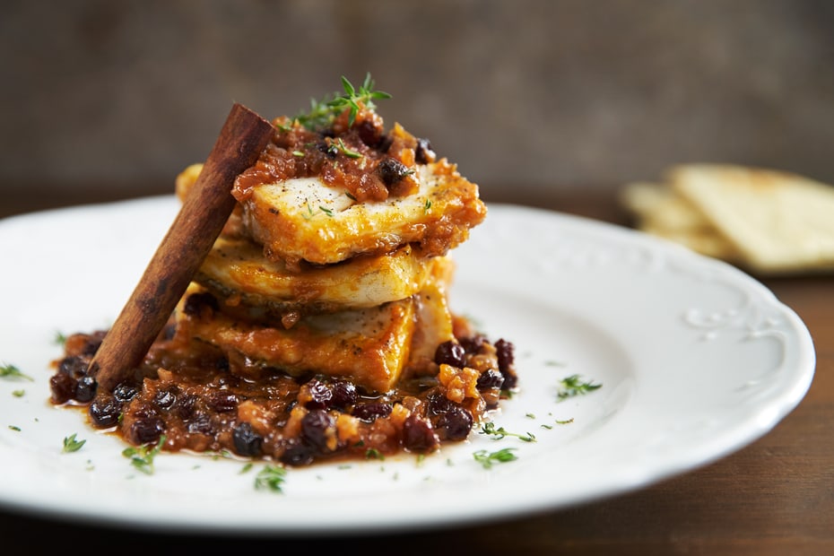 Bakaliaro - Salt Cod with Tomatoes, Onions & Raisins
