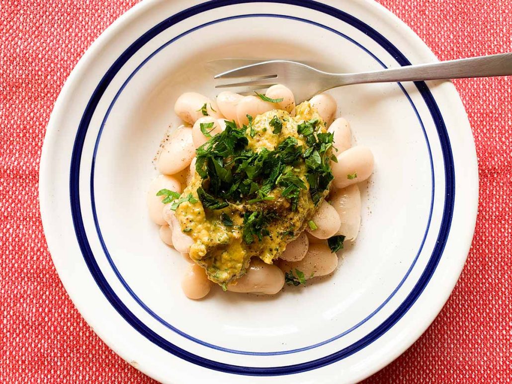 Warm Gigantes Salad with Pumpkin Pistachio Pesto