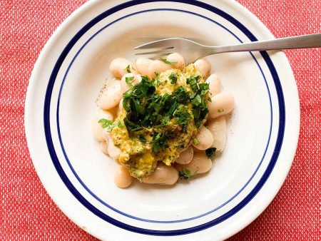 Warm Gigantes Salad with Pumpkin Pistachio Pesto