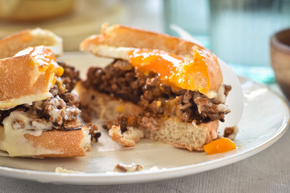 Egg in a Hole Sandwich with Pastitsio filling