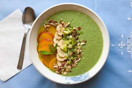 Smoothie Bowl with Spinach, Greek Honey, Fruits and Nuts