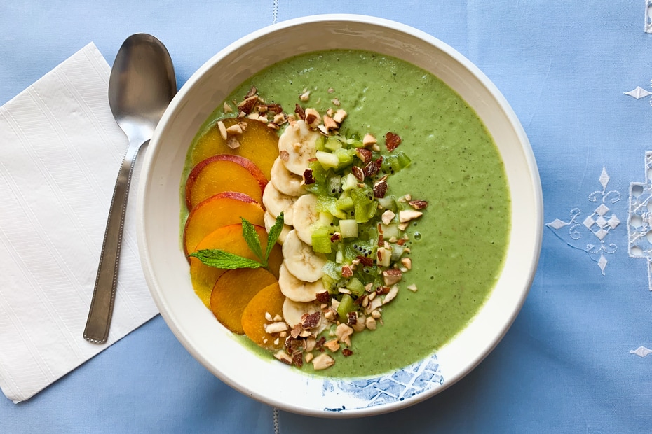 Smoothie Bowl with Spinach, Greek Honey, Fruits and Nuts