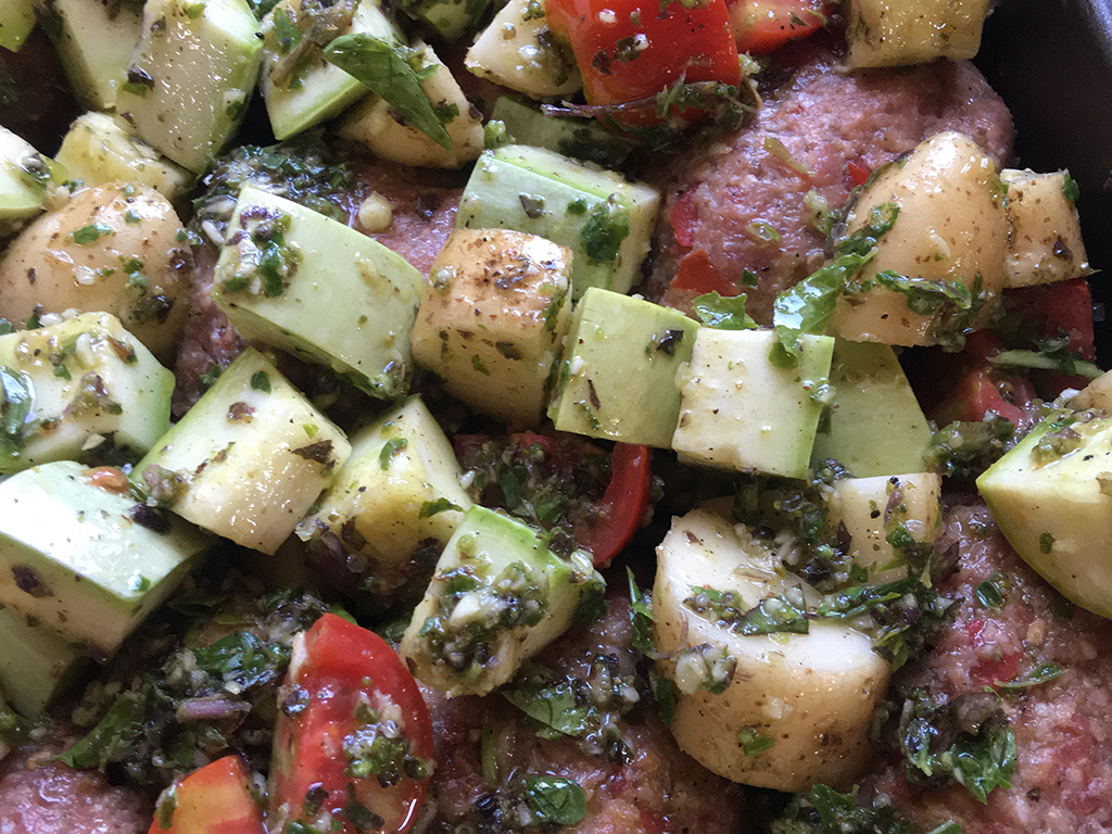 Greek baked biftekia with Briam.