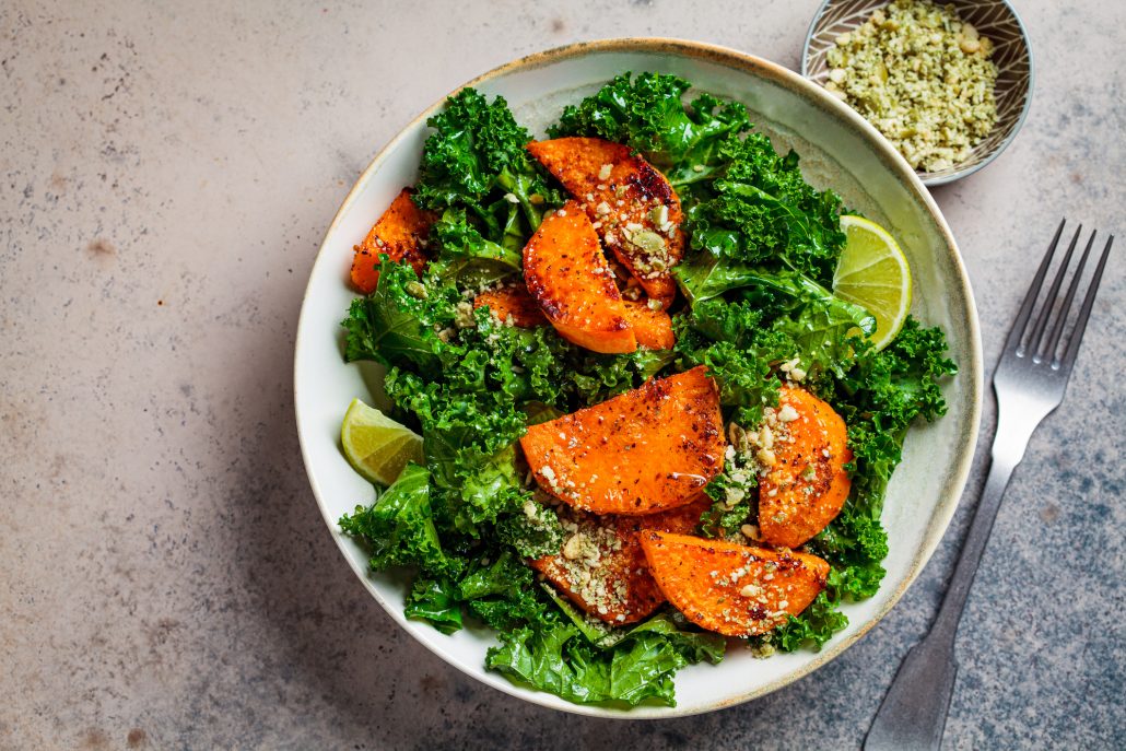 Sheet Pan Roasted Sweet Potatoes & Kale with Vegan Pesto Recipe