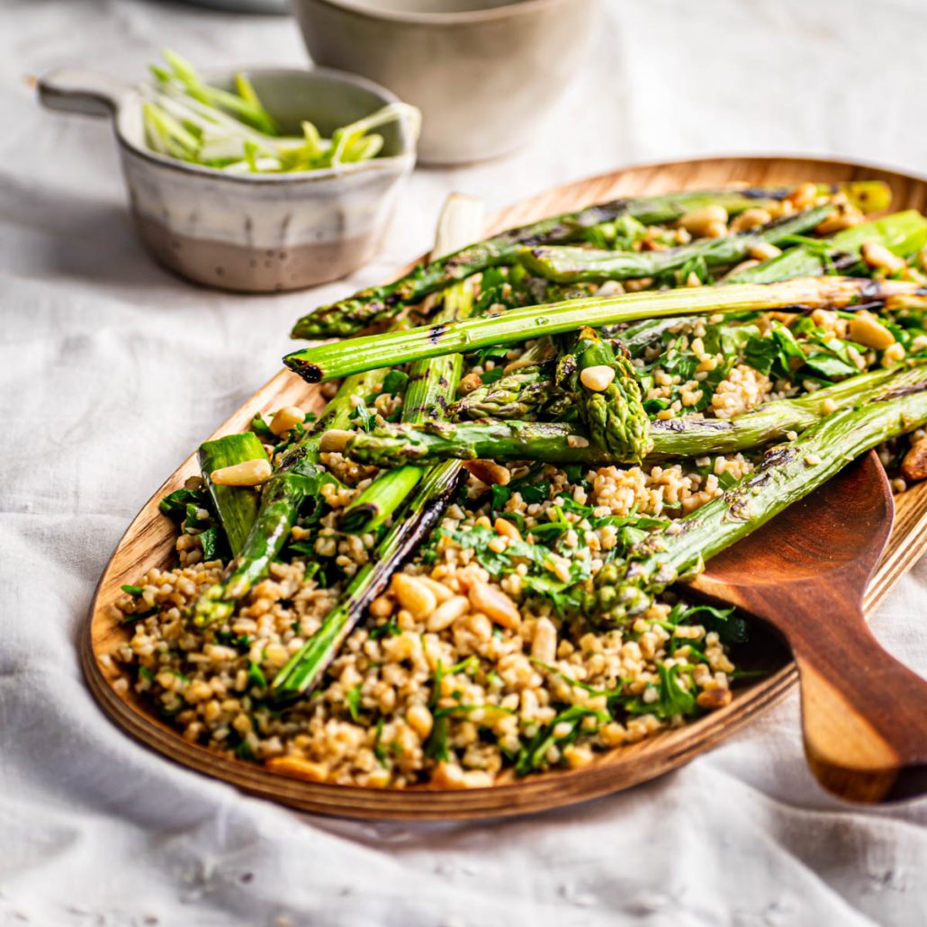 Tabbouleh Salad with grilled asparagus, mint and toasted pine nuts