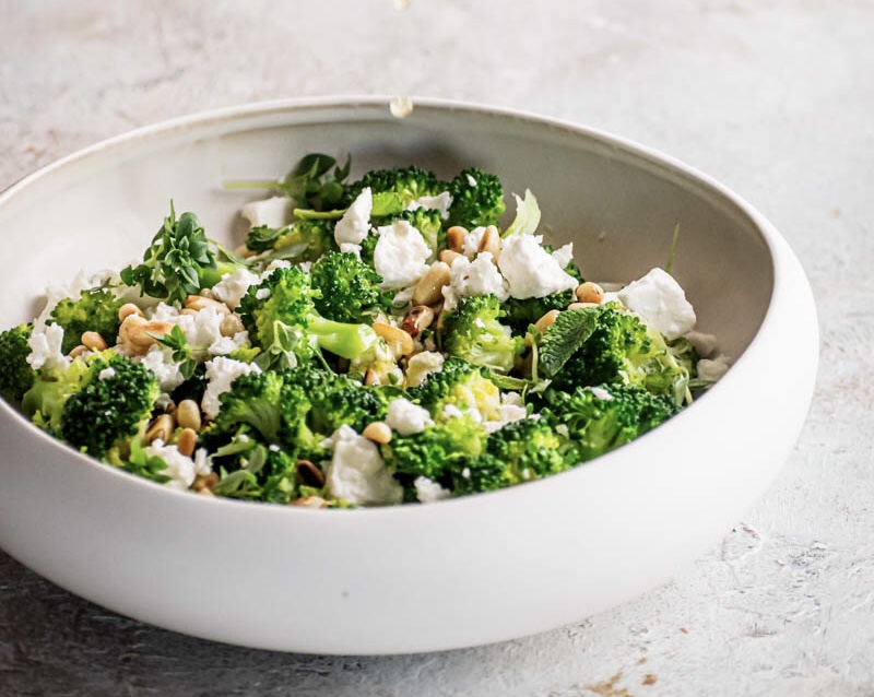 Greek-style Warm Broccoli Salad With Lemon, Olive Oil, Herbs And Pine Nuts