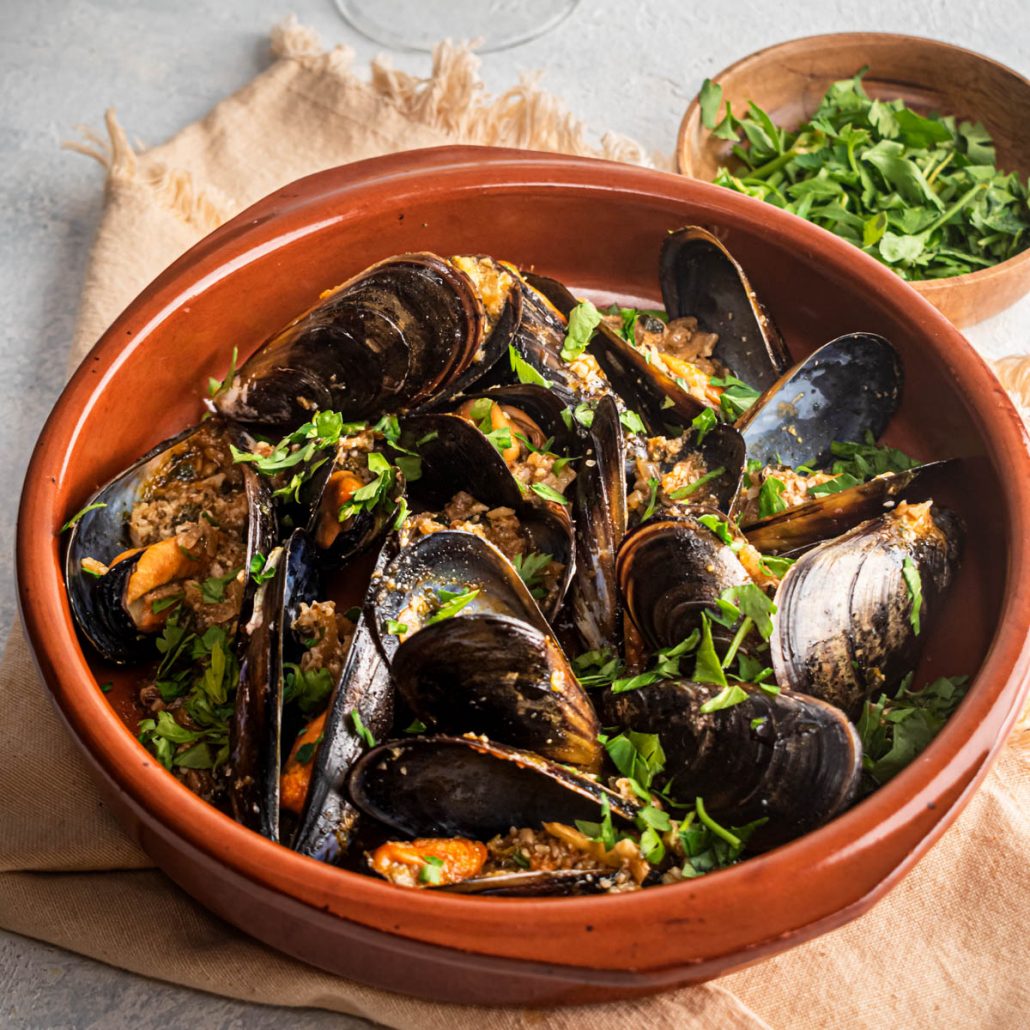 Spicy Steamed Mussels with Nuts, Onions & Herbs - Diane Kochilas
