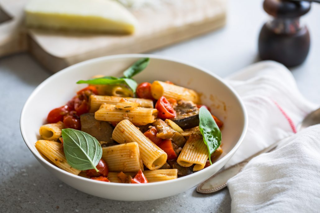 Rigatoni with Olives, Eggplants and Manouri Cheese
