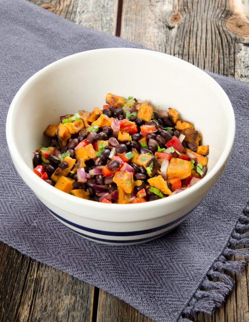 Black beans with sweet potatoes, tomatoes, red onions and cilantro.