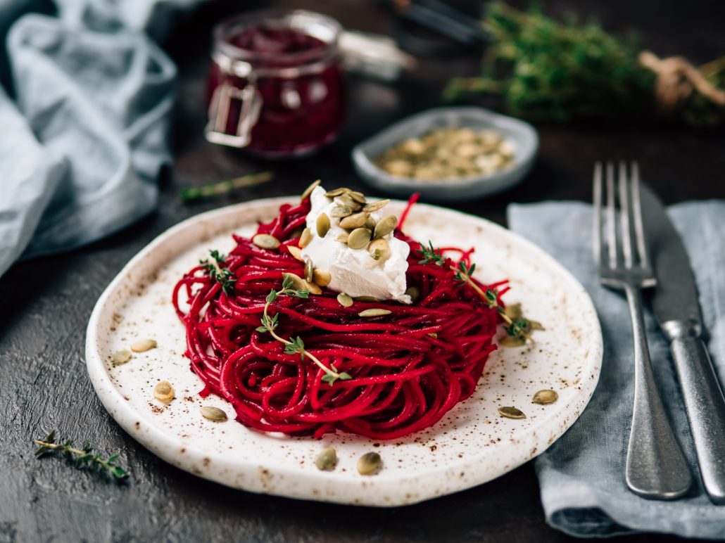 Beetroot spaghetti with cardamom and greek yogurt.