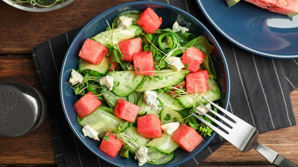 Greek Salad with Watermelon, Feta, Cucumbers and Arugula