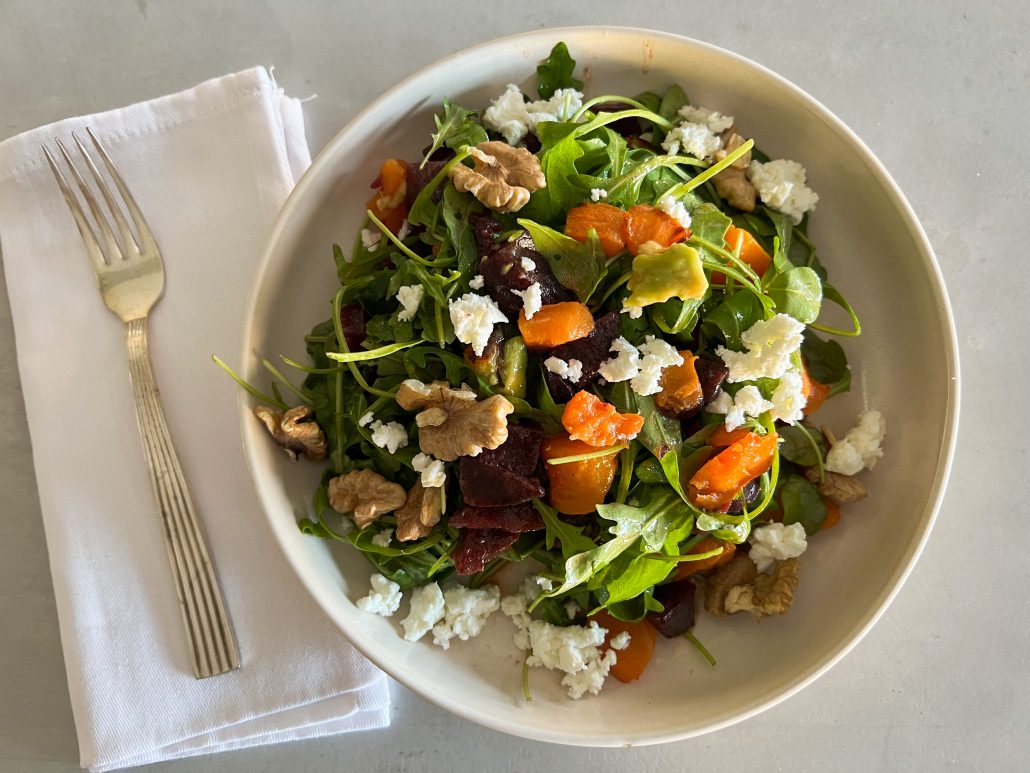Arugula Salad with Roasted butternut squash, feta and walnuts
