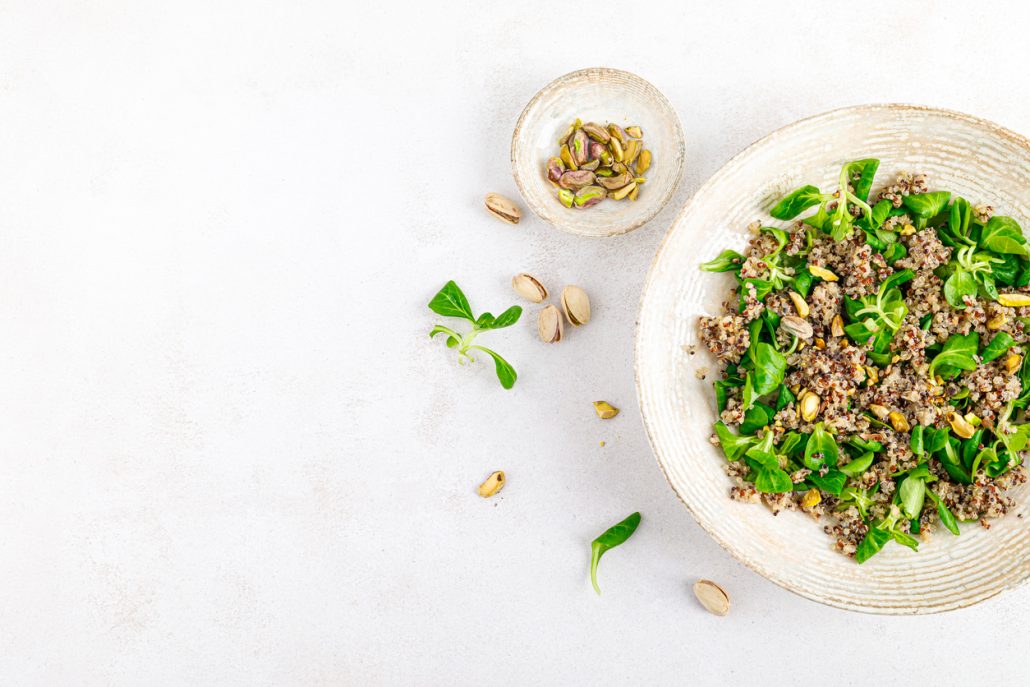 Delicious quinoa salad with corn and pistachios. Perfect for fall. A recipe by Diane Kochilas.