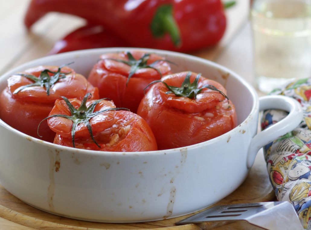 Recipe for Tomatoes Stuffed with Seafood by Diane Kochilas