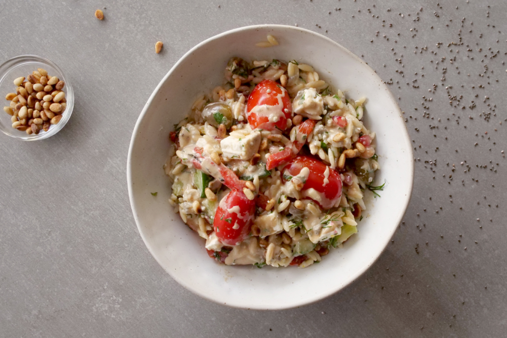 Greek Orzo Salad with Chia, Pomegranate & Miso-Tahini Dressing