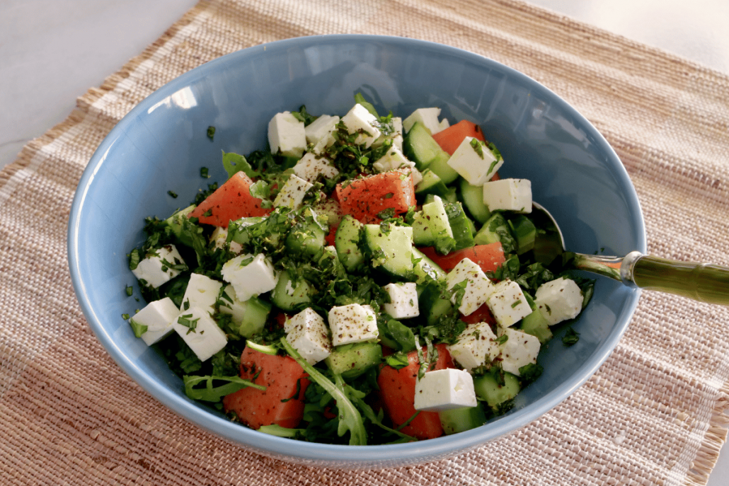 Greek Salad with Watermelon, Feta, Cucumbers, and Arugula
