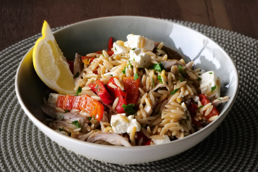 Orzo with Feta, Chicken and Peppers