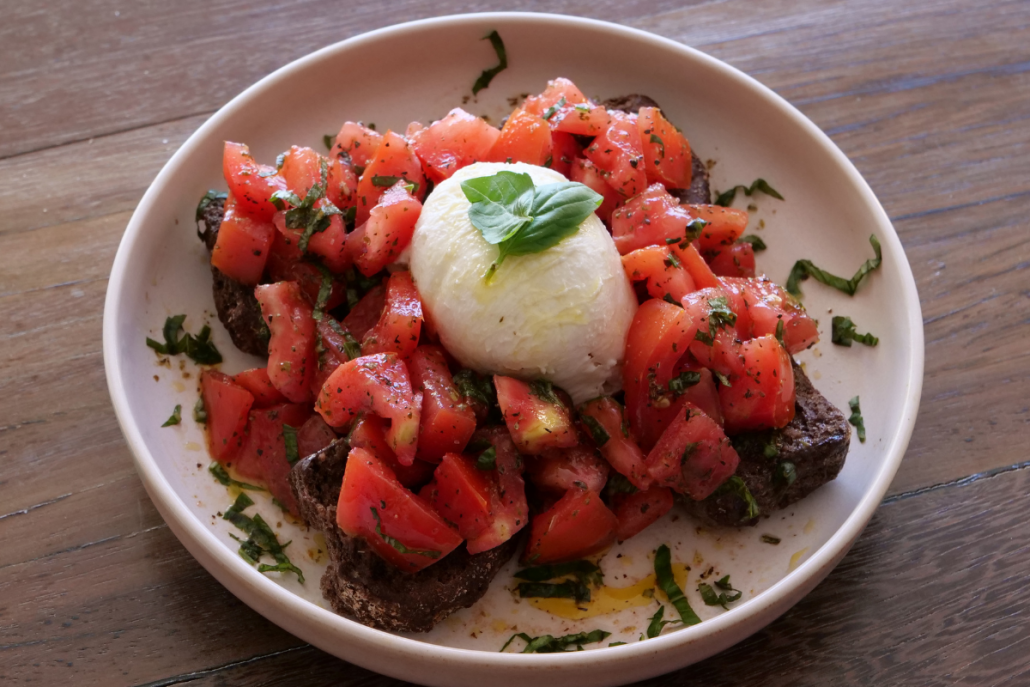 Carob Rusk Tomato Salad with Burrata
