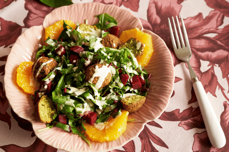 Greens & Beetroot Salad With Chickpea Fritters And Tahini Dressing