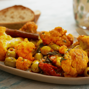 braised cauliflower with olives, cinnamon & turmeric