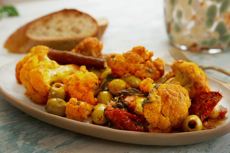 braised cauliflower with olives, cinnamon & turmeric